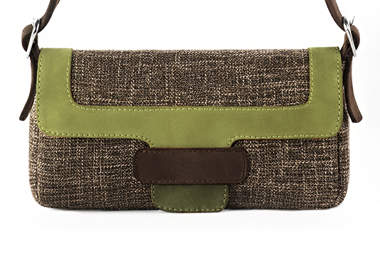 Dark brown and pistachio green women's dress handbag, matching pumps and belts. Profile view - Florence KOOIJMAN